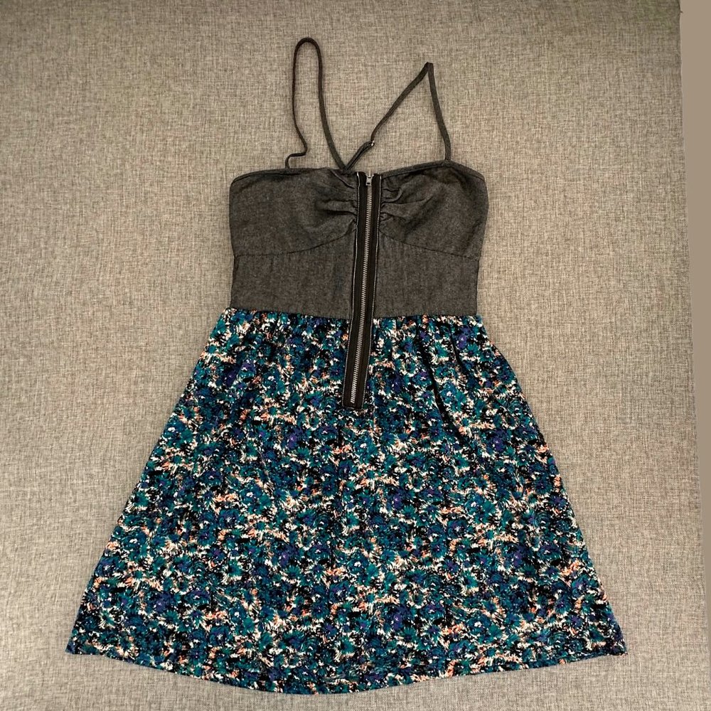 Johnny Martin Dress Spaghetti Straps Zipper Front Gray Teal Blue Small Stretch